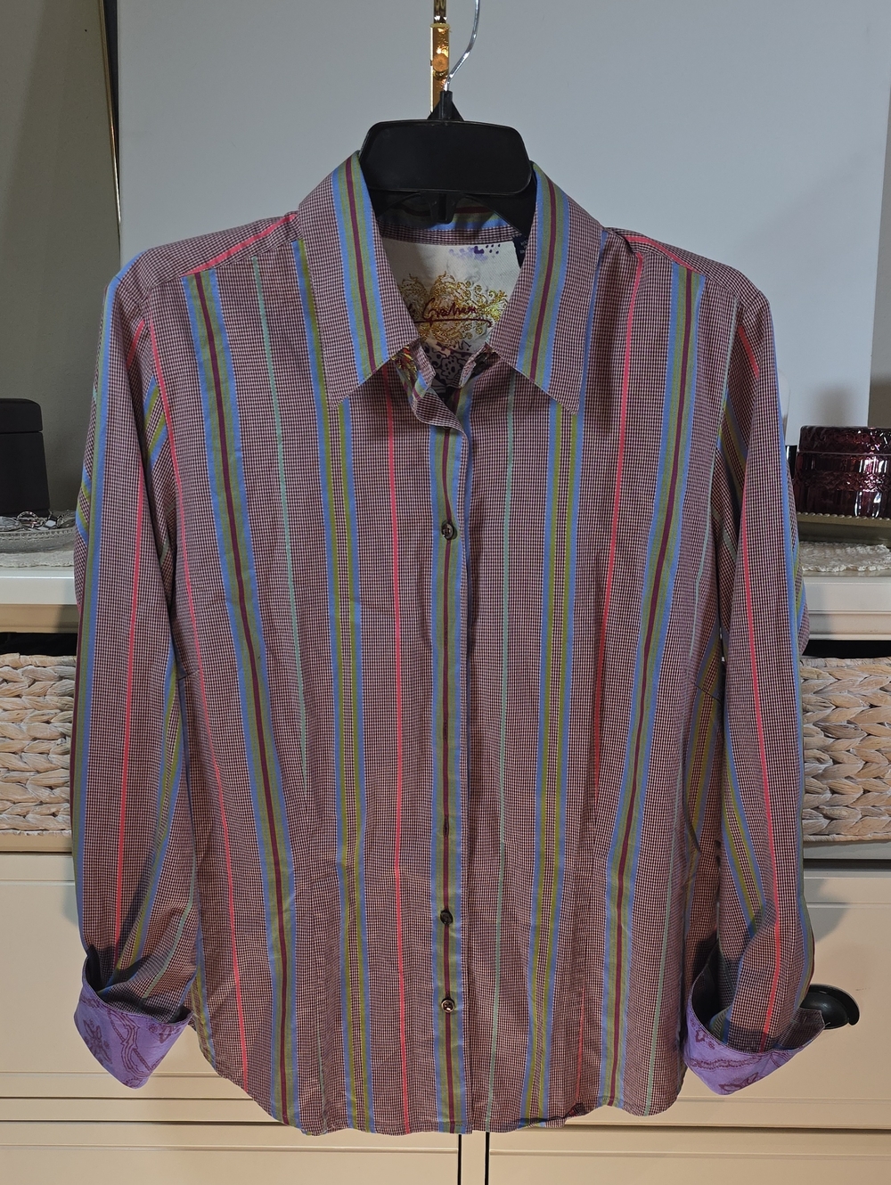 Robert Graham Men's Multi-Stripe Button-Up Shirt Purple Embroidered Resort Lg